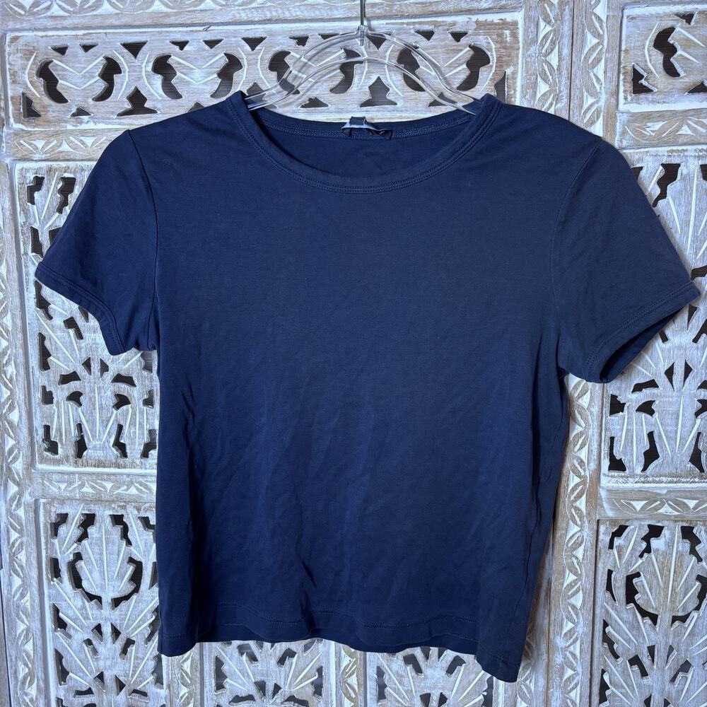 THEORY Navy Blue 100% Pima Cotton Short Sleeve Tiny Cropped Tee T-Shirt Sz P